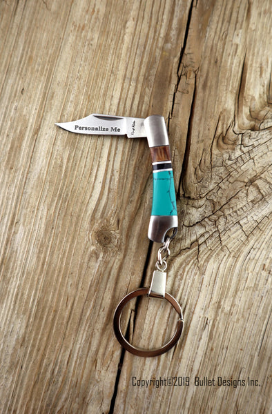 Custom Engraved Turquoise Rough Ryder Knife Keychain, Personalized Knife Keyring