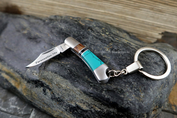 Custom Engraved Turquoise Rough Ryder Knife Keychain, Personalized Knife Keyring