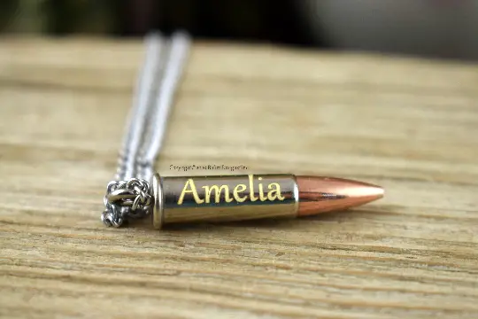 Custom 22 Rifle Real Fired Bullet Necklace, Free Engraving, Gabriola