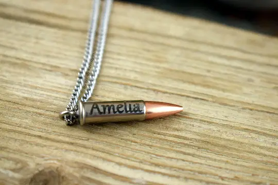 Custom 22 Rifle Real Fired Bullet Necklace, Free Engraving, Gabriola